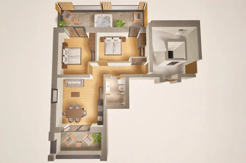 Grundriss der Ferienwohnung Exclusiva in den Montoni Chalets in Prad am Stilfserjoch.